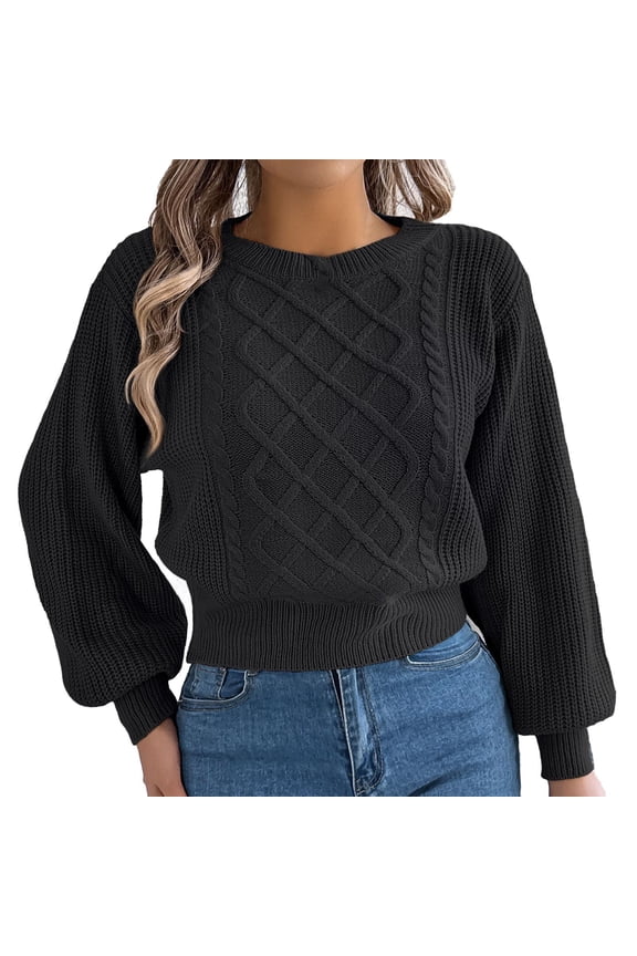 Womens Sweaters Solid Long Sleeve Cable Knitted Cropped Sweaters Loose Fit Crewneck Comfy Warm Pullover Tops For Ladies