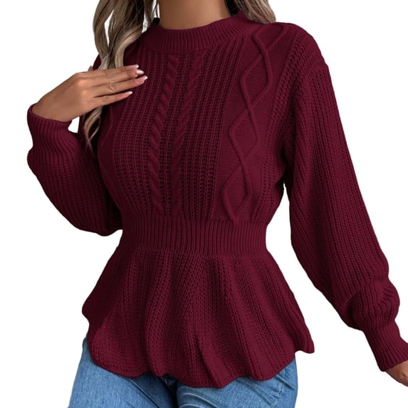 Bibifish Womens Sweaters Stylish Long Sleeve Crewneck Pullover Sweaters With Waist Ruffled Fall Lightweight Trendy Tunic Ladies Sweater Tops