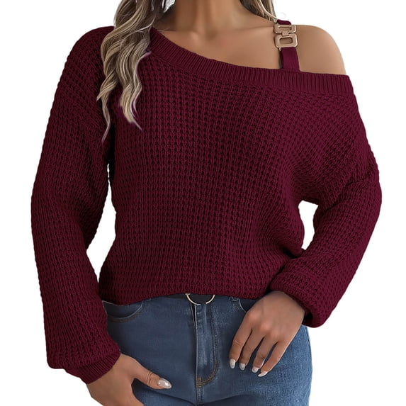 Bibifish Womens Sweaters Trendy Metal Buckle Strap Cold Shoulder Sweaters Cozy Long Sleeves Knit Sweaters Pullover Knitwear Tops