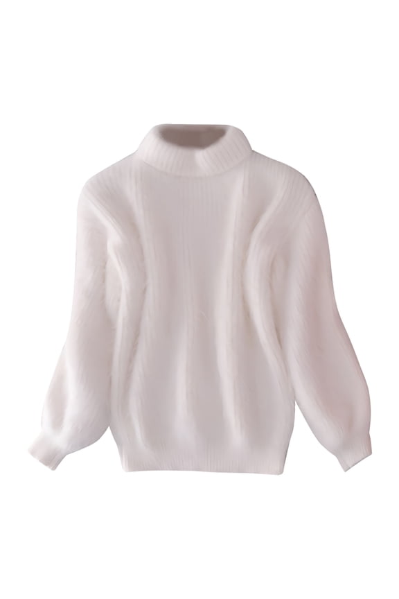 Womens Sweaters Winter Long Sleeve Mid Neck Thick Fuzzy Sweaters Solid Color Loose Fluffy Plush Pullover Knitted Sweaters