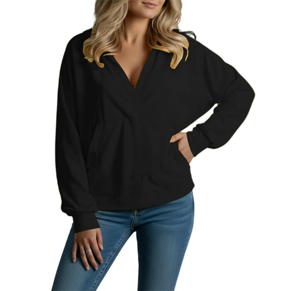 Bibifish Womens Sweatshirts Autumn Soft Oversized Solid Color V Neck Sweatshirts Cozy Long Sleeve Trendy Streetwear Pullover Tops For Ladies