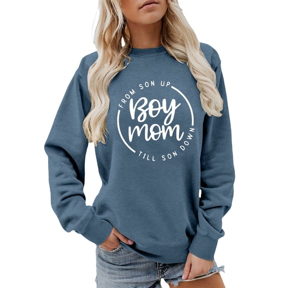 Bibifish Womens Sweatshirts "Boy Mom" Letter Print Sweatshirts Long Sleeve Crewneck Soft Loose Fit Casual Daily Streetwear Pullover Tops