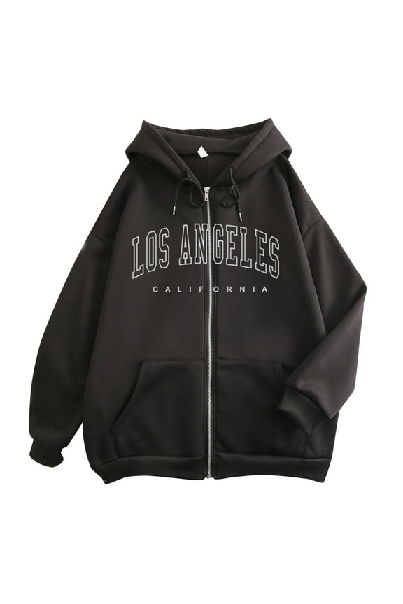 Womens Sweatshirts Casual Letter Printed Long Sleeve Hooded Zipper Tops Casual Oversized Fit Hoodied Jackets For Ladies