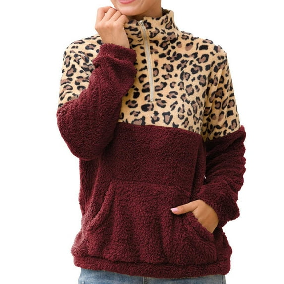 Bibifish Womens Sweatshirts Casual Zipper Lapel Double Leopard Print Patchwork Sweatshirt Long Sleeve Winter Warm Pullover Tops
