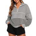 thumbnail image 1 of Bibifish Womens Sweatshirts Collared Striped Long Sleeve Soft Fleece Relaxed Fit Everyday Pullover Tops With Pocket, 1 of 7