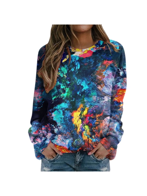 Womens Sweatshirts Printed Tie Dye Pattern Print Crewneck Long Sleeve Pullover Sweatshirts Casual Spring Fall Lightweight Relaxed Fit Tunic Tops