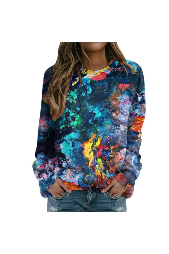 Womens Sweatshirts Printed Tie Dye Pattern Print Crewneck Long Sleeve Pullover Sweatshirts Casual Spring Fall Lightweight Relaxed Fit Tunic Tops