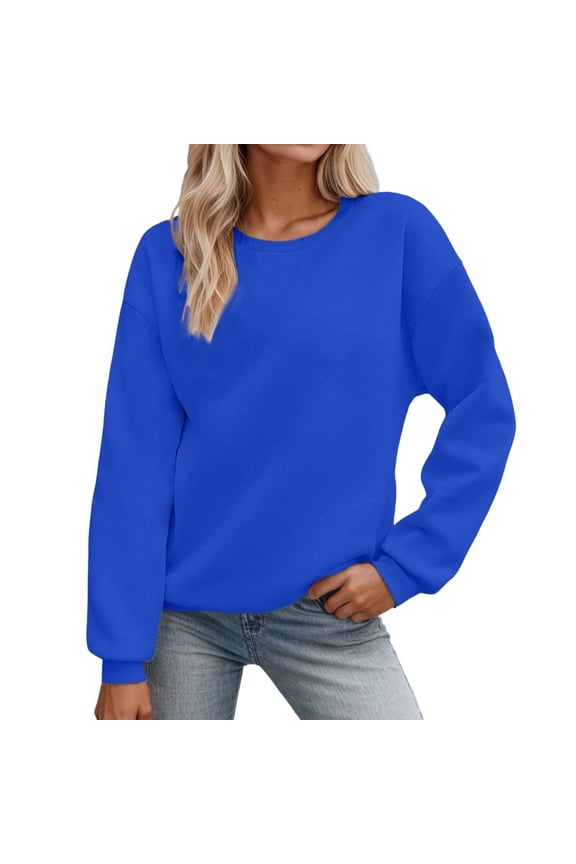 Womens Sweatshirts Royal Blue Crew Neck Solid Color Soft Sweatshirts Oversized Fit Casual Street Daily Wear Stylish Sweatshirt