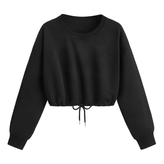 Bibifish Womens Sweatshirts Solid Color Drawstring Hem Crewneck Sweatshirts Long Sleeve Cropped Pullover Tops Fashion Outfits