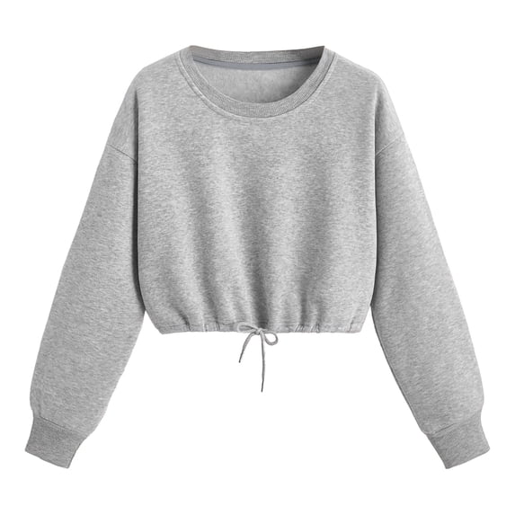 Bibifish Womens Sweatshirts Solid Color Drawstring Hem Crewneck Sweatshirts Long Sleeve Cropped Pullover Tops Fashion Outfits