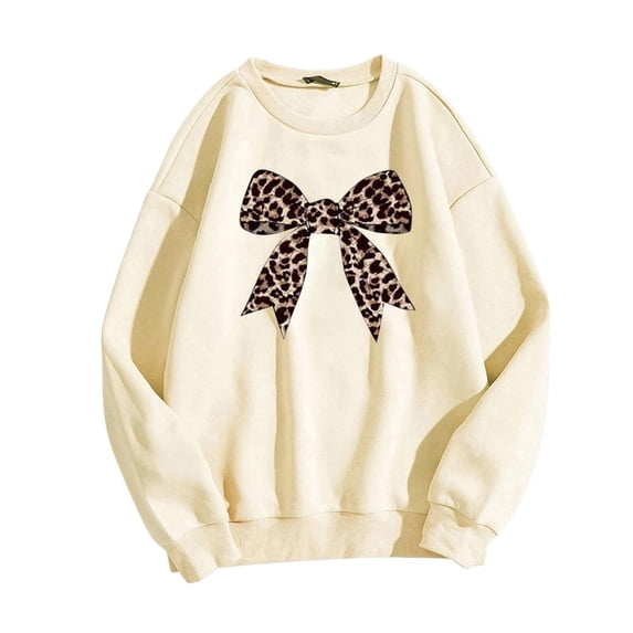 Bibifish Womens Sweatshirts Spring Autumn Cute Graphic Long Sleeve Sweatshirts Leopard Bow Print Relaxed Fit Cozy Sweatshirts For Ladies