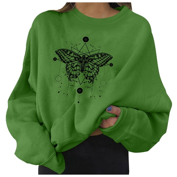 Bibifish Womens Sweatshirts Trendy Butterfly Print Autumn Soft Crewneck Sweatshirts Oversized Long Sleeve Streetwear Pullover Tops For Ladies