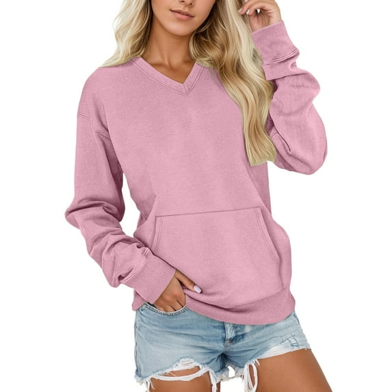 Bibifish Womens Sweatshirts V Neck Solid Pullover Sweatshirts Soft Long Sleeve Casual Tops Daily Wear And Sports Comft Oversized Tops With Pocket