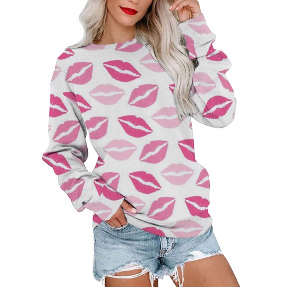Bibifish Womens Sweatshirts White & Pink Lip Print Crewneck Long Sleeve Sweatshirt All-Over Pattern Dating Streetwear Daily Outings Stylish Pullover