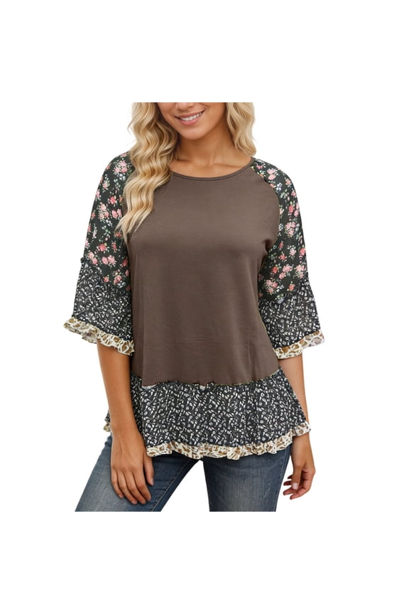 Womens T-Shirt 3/4 Sleeve Brown Floral Leopard Print tee Ruffled Hem Chiffon fabric Loose Fit Casual Trips Boho Stylish pullover Top