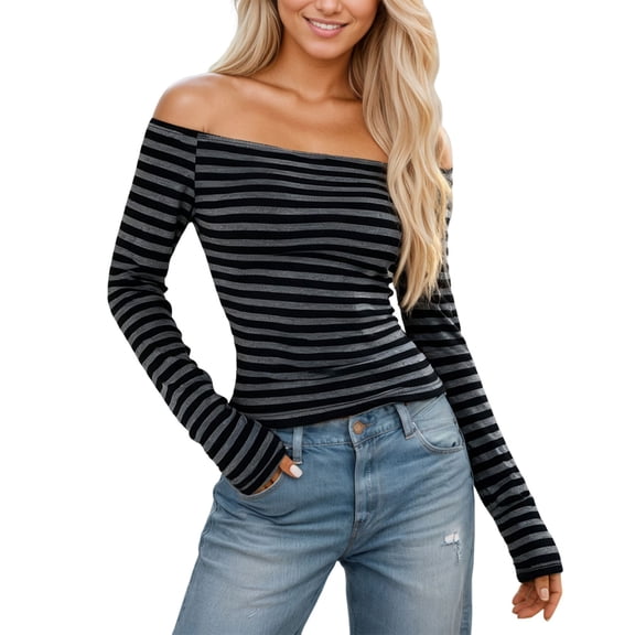 Bibifish Womens T-Shirt Black Gray Stripe Off-The-Shoulder Long Sleeve Soft Slim Fit Stretchy Casual Daily Wear Office outings Casual pullover Top