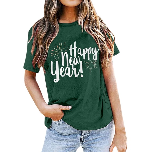 Bibifish Womens T-Shirt Black Happy New Year Graphic Print Short Sleeve Soft Crew Neck tee Relaxed Fit Casual Holiday Party Festive Stylish top
