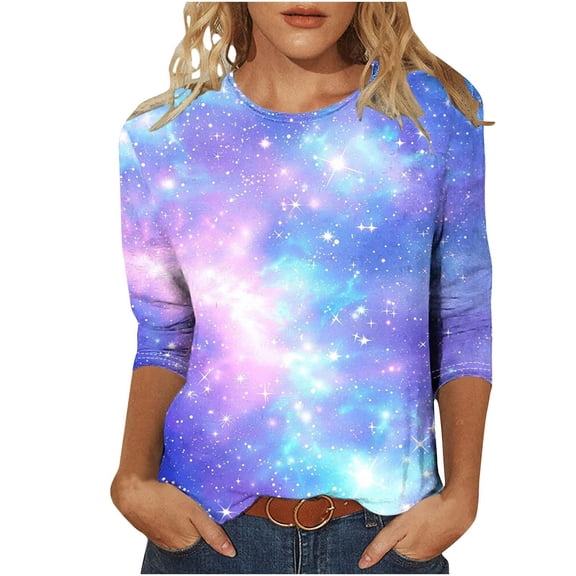Bibifish Womens T-Shirt Blue Purple Galaxy Star Print long Sleeve Crew Neck tee Soft Lightweight Loose Fit Carnival Stylish Trendy festival Top