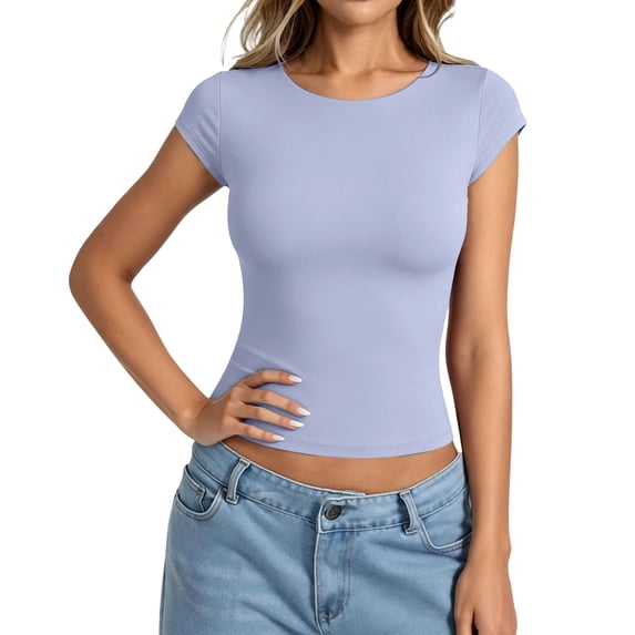 Bibifish Womens T Shirt Crew Neck Cap Sleeve Slim Cropped Tops Soft Breathable Minimalist Casual Summer Layering Tees