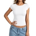 thumbnail image 1 of Bibifish Womens T Shirt Crew Neck Cap Sleeve Slim Cropped Tops Soft Breathable Minimalist Casual Summer Layering Tees, 1 of 4