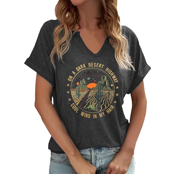Bibifish Womens T-Shirt Dark Gray "On a Dark Desert Highway" Graphic Print V Neck Short Sleeve Oversized Fit Casual Road Trips Retro Stylish Tee