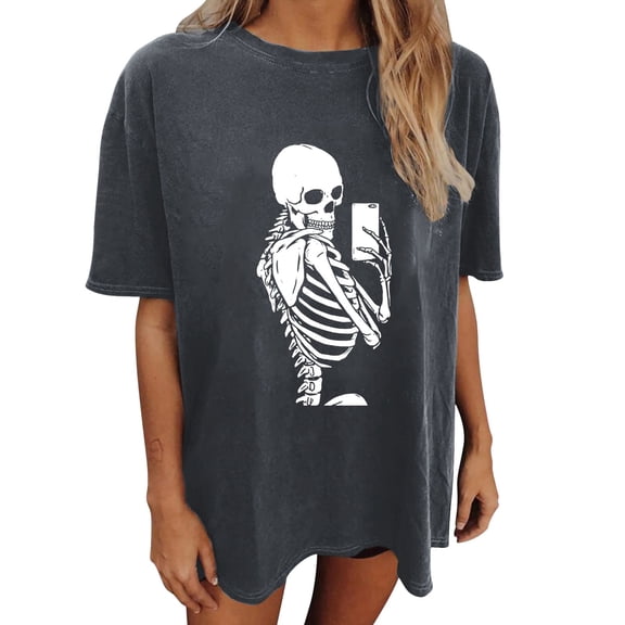 Bibifish Womens T-Shirt Gray Graphic Print Short Sleeve Slub Cotton Oversized Fit Distressed Hem Breathable Casual Daily Wear Edgy Stylish Tees