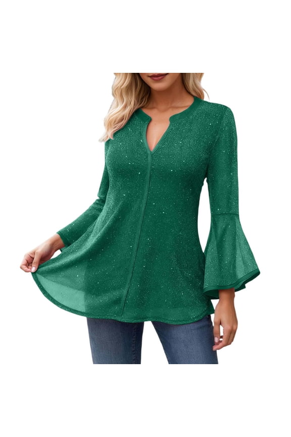 Womens T-Shirt Long Sleeve Top Black Glitter V Neck Bell Sleeve Peplum Hem Sheer tee Slim Fit Shiny Casual Parties Glamorous Stylish pullover top