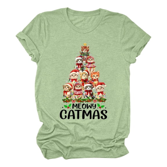 Bibifish Womens T-Shirt Meowy Catmas Kitten Tree Print Crew Neck short sleeve tee Soft Lightweight Loose Fit Casual Holiday funny xams Cute Top