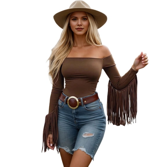 Bibifish Womens T-Shirt Off-The-Shoulder Long Sleeve Fringe Trim Slim Fit Stretchy Casual Date Nights Country Concerts Trendy Stylish Top
