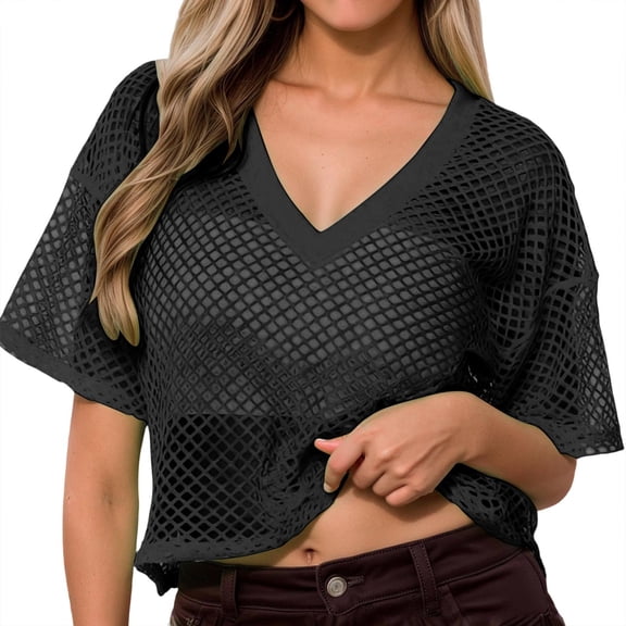 Bibifish Womens T-Shirt Short Sleeve Blouse Black Mesh V Neck Cropped Fit tee Sheer Loose Casual Layered Styling Festivals Night Outs Trendy Top