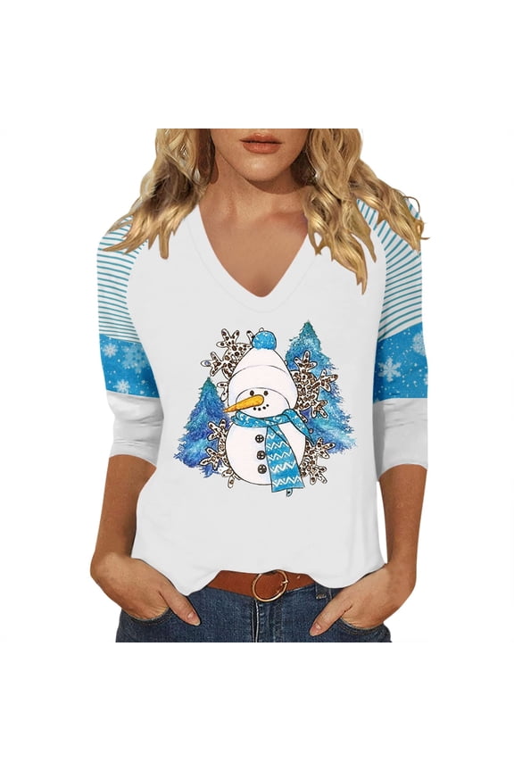 Womens T-Shirt Snowman Print Raglan 3/4 Sleeve V Neck Striped Panel Snowflake Pattern Soft Relaxed Fit Casual Winter Holiday Stylish Top