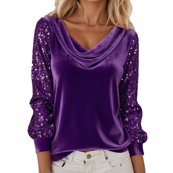 Bibifish Womens T-Shirt Velvet Cowl Neck Long Sleeve Sequin Embellished Puff Sleeve tee Slim Fit Casual trendy Glamorous Stylish Top