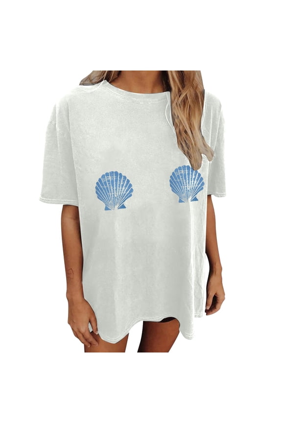 Womens T-Shirt White Distressed Shell Print Short Sleeve crew neck Top Oversized Fit Soft Casual Beach Trips Summer Vacations Cute top
