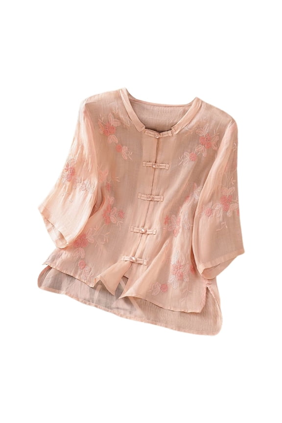 Womens T-Shirts Autumn Cozy Embroidered Linen Blouse Tops Mid Sleeve Crew Neck Retro Disc Button Down Tshirt For Ladies