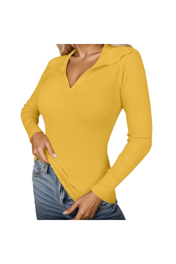 Womens T-Shirts Autumn Winter Slim Fit Long Sleeve Ribbed Knitted Tee Tops Comfortable Casual Basic Daily Wear Pullover Tops