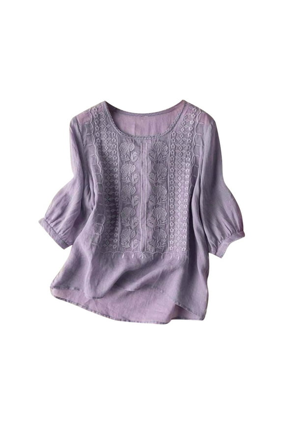 Womens T-Shirts Boho Loose Embroidered Linen Tshirts Retro Style Summer Oversized Lightweight Blouse Tops For Ladies