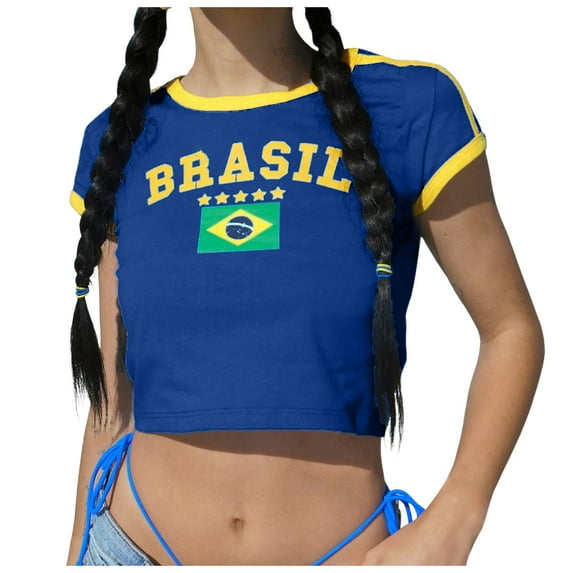 Bibifish Womens T-Shirts Brazil Short Sleeve Crop T Shirts Slim Fit Classic Crew Neck Graphic Tees Vintage 90s Streetwear Shirts