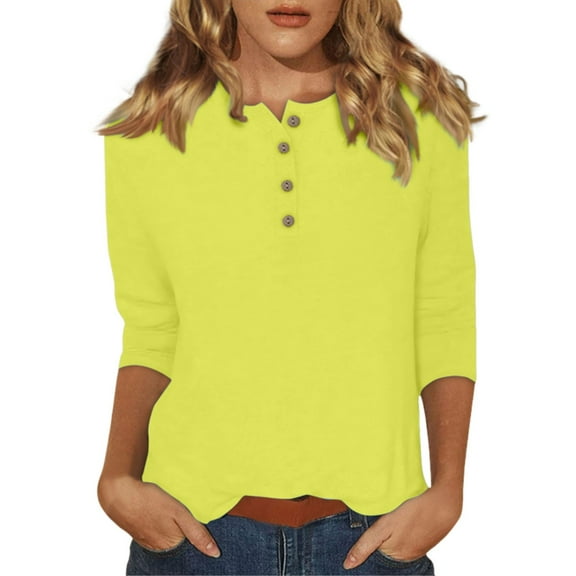 Bibifish Womens T-Shirts Crewneck With Botton 3/4 Sleeve Fall Winter Casual Soft Lightweight Tees Casual Workout Ladies Outfits