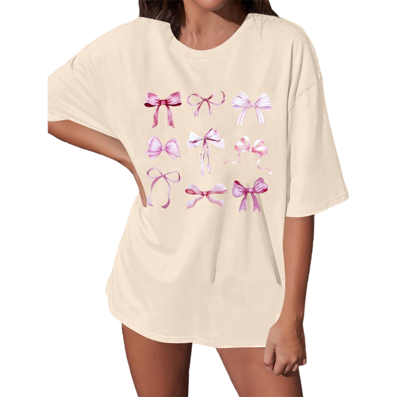 Womens T-Shirts Cute Graphic Print Round Neck Short Sleeve Tshirts Casual Oversized Fit Tees Summer Cozy Basic Tee Shirts For Teen Girls