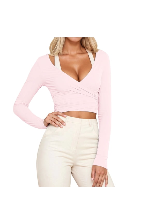 Womens T-Shirts Deep V Neck Sexy Slim Fit Yoga Tees With Tie Summer Long Sleeve Fashion Cozy Sports Tops For Ladies