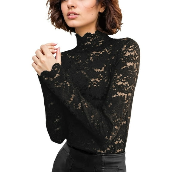 Bibifish Womens T-Shirts Elegant Floral Lace Top Long Sleeve See Through Mesh Basic Tee Shirts Solid Color High Neck Tee Tops For Ladies
