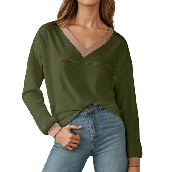 Bibifish Womens T-Shirts Fall Winter Long Sleeve V Neck Oversized Tops With Color Stitching Detail Loose Fit Comfy Workout Ladies Blouse