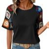 Bibifish Womens T‑Shirts Floral Crochet Short Sleeve Crew Neck Solid Tops Tees Summer Comfty Street Wear T Shirts