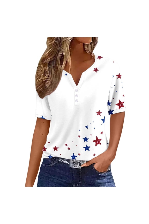 Womens T-Shirts Independence Day Pattern V-Neck Button Design Simple Tee Shirts Casual Trendy Holiday Patriotic T Shirts