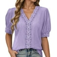 thumbnail image 1 of Bibifish Womens T-Shirts Lace Trim V Neck Puff Sleeve Button Down Blouses Dressy Solid Color Summer Ladies Workout Casual Wear Tees Shirts, 1 of 4