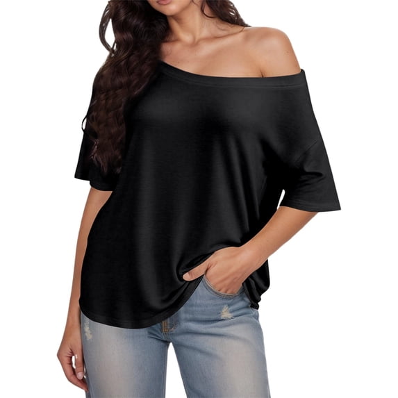 Bibifish Womens T-Shirts Off Shoulder Short Sleeve Loose Fit Tees Casual Summer Vacation Beach Weekend Street Style Everyday Tops