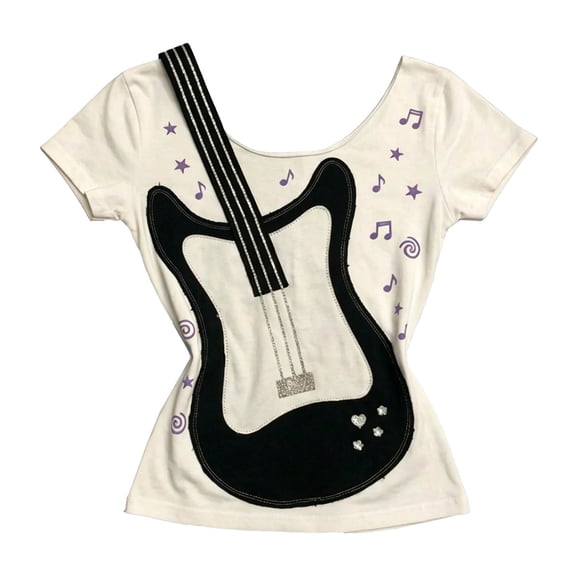 Bibifish Womens T-Shirts Scoop Neck Short Sleeve Guitar Music Note Print Tees Y2K Trendy Summer Street Style Vacation Tops