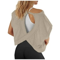Bibifish Womens T-Shirts Short Sleeve Workout Shirts Open Back Tops Casual Yoga Athletic Gym Slouchy Crop Running Tees For Ladies