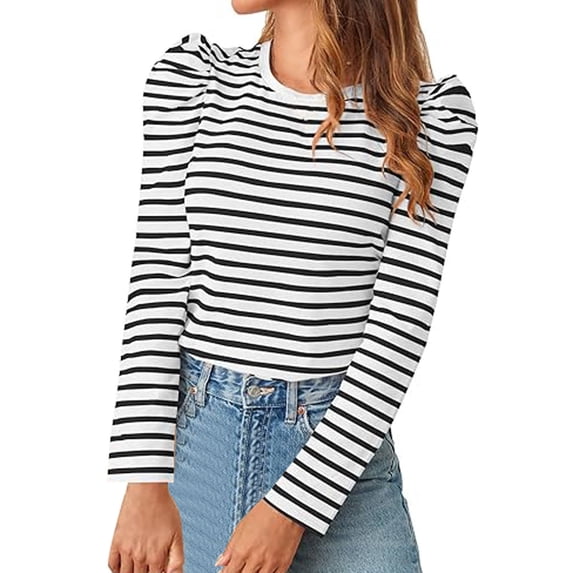 Bibifish Womens T-Shirts Slim Fit Long Sleeved T Shirts Classic Strip Pattern Casual Base Tee Tops Ladies Comfortable Crew Neck Tshirts