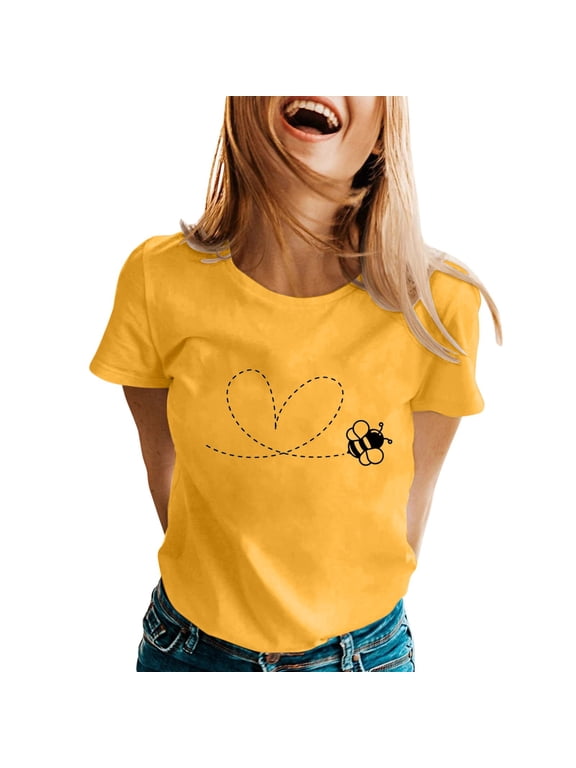 Womens T-Shirts Spring Summer Cute Bee Printed Crew Neck Tee Tops Loose Fit Short Sleeve Lightweight Soft Casual Daily Wear Tshirts